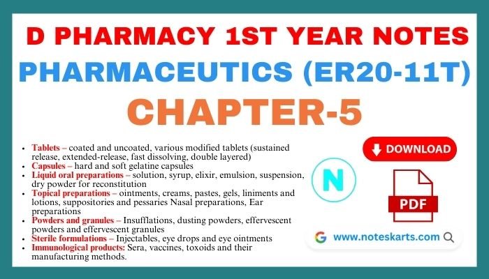 Free Pharmaceutics Chapter-5 PDF Notes, d pharmacy 1st year notes, Tablets – coated and uncoated, various modified tablets (sustained release, extended-release, fast dissolving, double layered), Tablets – coated and uncoated, various modified tablets (sustained release, extended-release, fast dissolving, double layered) Capsules – hard and soft gelatine capsules Liquid oral preparations – solution, syrup, elixir, emulsion, suspension, dry powder for reconstitution Topical preparations – ointments, creams, pastes, gels, liniments and lotions, suppositories and pessaries Nasal preparations, Ear preparations Powders and granules – Insufflations, dusting powders, effervescent powders and effervescent granules Sterile formulations – Injectables, eye drops and eye ointments Immunological products: Sera, vaccines, toxoids and their manufacturing methods.