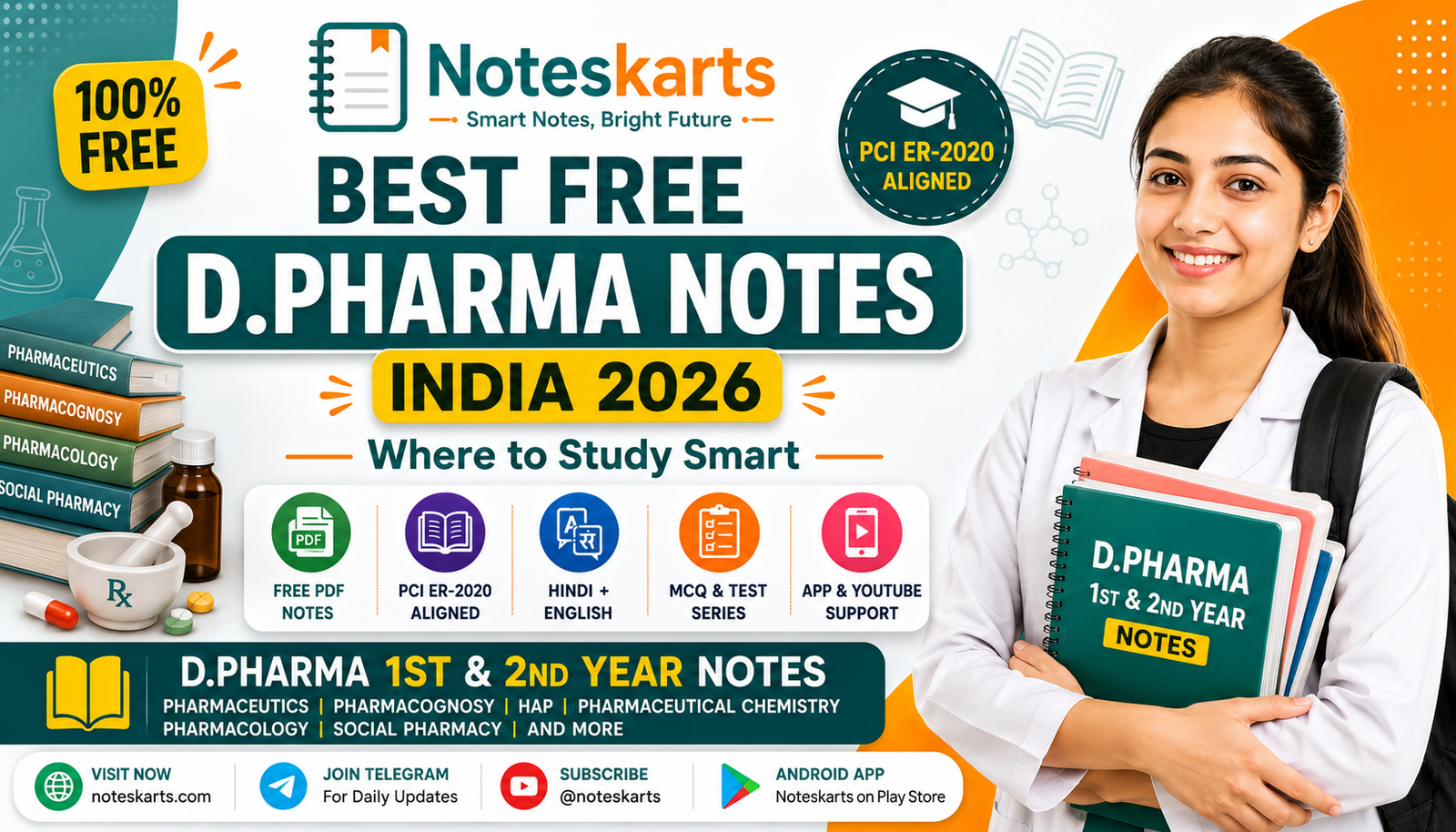 Best Free D.Pharma Notes India 2026 | Noteskarts, D.Pharma notes free PDF, D Pharma 1st year notes Hindi, D Pharma 2nd year notes, free pharmacy notes India 2026, D.Pharma study material PCI ER 2020