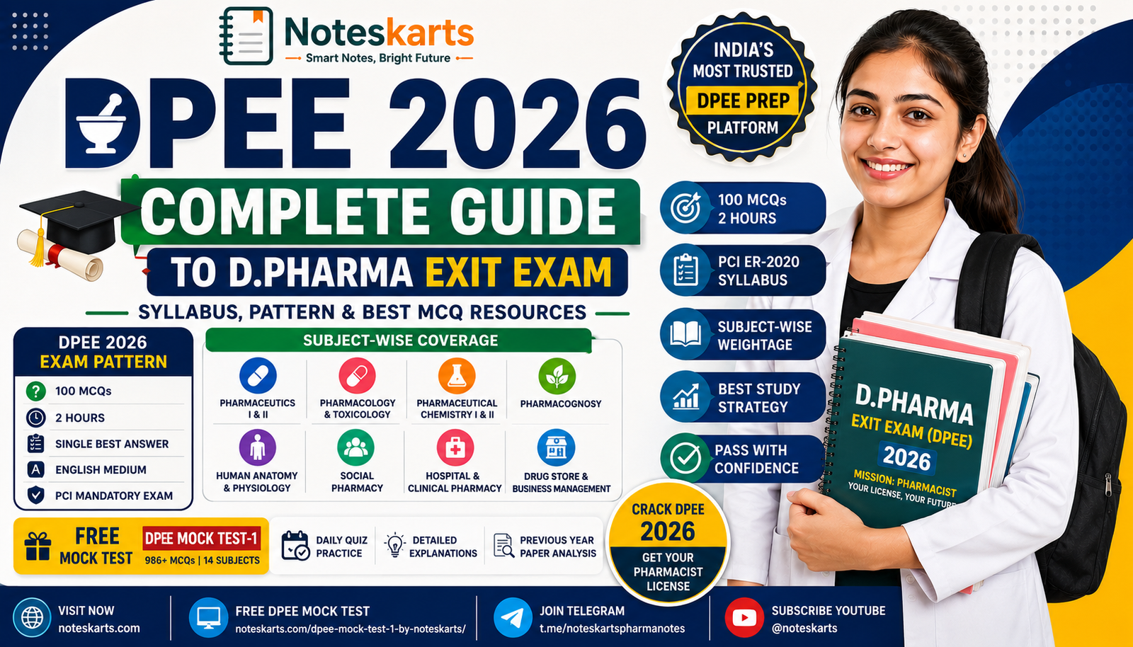 DPEE 2026 Complete Guide | D.Pharma Exit Exam Syllabus, MCQs | Noteskarts, Everything you need for DPEE 2026: exam pattern, subject-wise syllabus, MCQ practice tests, and study strategy from Noteskarts — India's trusted pharmacy exam prep platform. DPEE 2026, D.Pharma Exit Exam, DPEE MCQ, DPEE syllabus 2026, DPEE mock test, D Pharma exit exam preparation, PCI DPEE