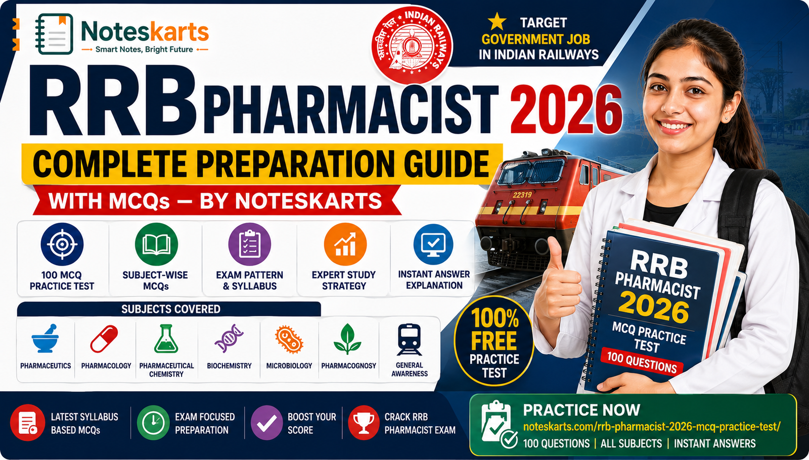 RRB Pharmacist 2026: Complete Preparation Guide with MCQs — By Noteskarts, RRB Pharmacist 2026 Preparation | MCQ Practice Test | Noteskarts, Prepare for RRB Pharmacist 2026 with Noteskarts. Get subject-wise MCQs, 100-question practice tests, and expert study tips for Pharmaceutics, Pharmacology, and Biochemistry.